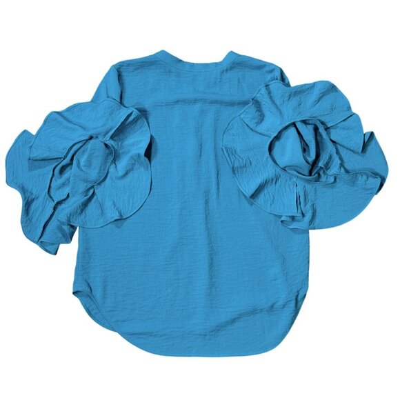 VINCE CAMUTO Womens Teal Blue Ruffle Sleeve Blouse Size M Statement Top Dramatic - Picture 4 of 9